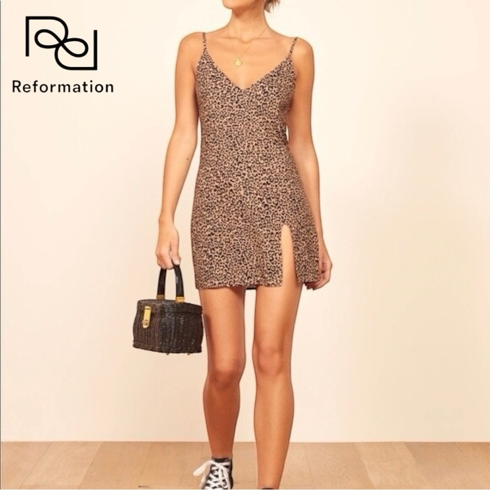 REFORMATION Marlowe Leopard Print Crepe Mini Slip Dress In Bengal | Sz S